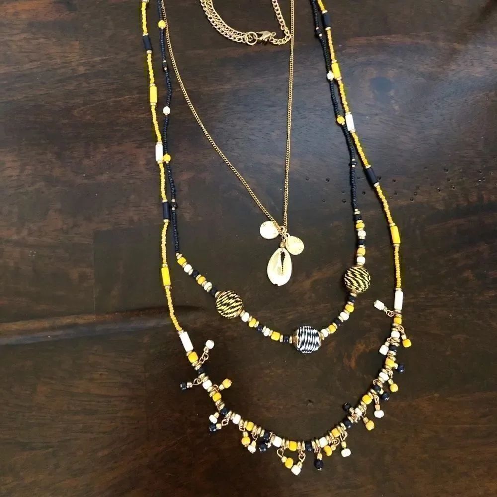 Boho Gold Yellow Navy Beaded Long Necklace